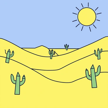 A vast desert landscape featuring rolling dunes of golden sand. Scattered across the scene are several origami cacti, each uniquely folded, with intricate details of their creases and patterns visible. The sky above is a brilliant blue, with a large, glaring sun casting sharp shadows of the cacti onto the ground. The heat of the sun can be inferred from the way the light glimmers off the sand, creating a shimmering effect.
