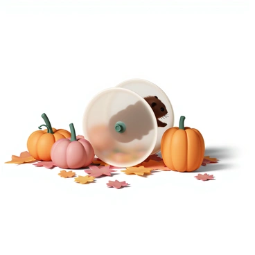A small brown hamster with fluffy fur running energetically in a transparent wheel. The wheel is placed on a bed of colorful autumn leaves in shades of orange, red, and yellow. Scattered around the wheel are several plump pumpkins of various sizes, some with green vines still attached. The scene is illuminated by soft, warm light, enhancing the vibrant colors of the leaves and pumpkins.