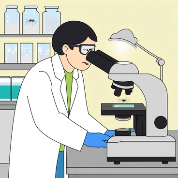 A scientist with short black hair and light skin is wearing a white lab coat. She is leaning over a tall microscope placed on a metal lab table. The microscope is large and features a shiny, metallic finish. Under the microscope lens, there is a small glass slide holding a few mosquitoes, which are visible and detailed. The background showcases shelves lined with various glass containers and laboratory equipment, while a bright desk lamp illuminates the scene. The scientist has a pair of protective glasses on her face and is looking intently through the microscope.