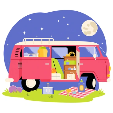 A red Volkswagen van with its doors wide open, showcasing a neatly organized interior filled with cozy camping gear such as a rolled-up sleeping bag, a small portable stove, and a lantern. The van is parked on grassy terrain, and a picnic blanket is spread out next to it. Above, the night sky is filled with bright white stars, twinkling against a deep blue background. A large full moon casts a gentle light over the scene, illuminating the van and the surrounding nature.