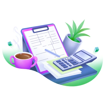 A modern pastel illustration depicting a neatly organized desk. On the desk, there is an open ledger with neatly written entries, alongside a calculator resting on a stack of papers. A steaming cup of coffee sits to the side, with a small spoon placed next to it. The scene is completed by a potted plant, adding a touch of greenery. All elements are arranged harmoniously to convey a sense of order and productivity.