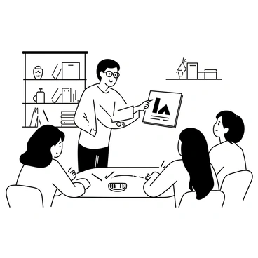 An illustration teacher is standing in front of a small group of students, holding an open art book and pointing to an illustration. The teacher is wearing a long-sleeved shirt and has glasses perched on their nose. The students are seated around a table, showing expressions of interest and curiosity. Some students are leaning forward, while others are taking notes. The setting is a cozy classroom with shelves filled with art supplies and books in the background. A warm light source is illuminating the scene, enhancing the inviting atmosphere.