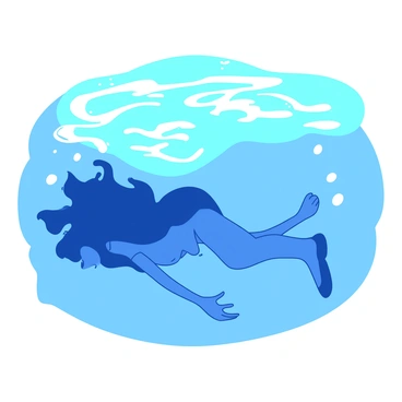 A blue woman with long flowing hair is swimming gracefully underwater. She is positioned in a horizontal pose, with her arms extended and fingers pointed, creating an elegant silhouette. Surrounding her are numerous white swirling bubbles that create a dynamic pattern in the water. The light filters down from the surface, casting soft beams that illuminate her figure and the bubbles, enhancing the serene aquatic environment.