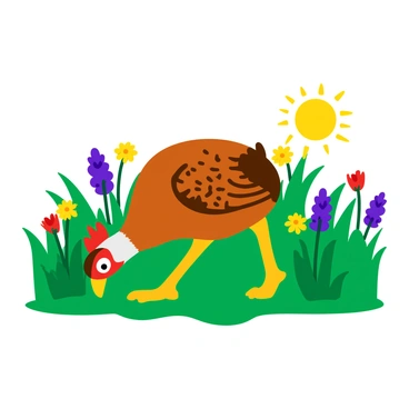A guinea fowl with intricate spotted feathers is walking through a vibrant field filled with a variety of blooming wildflowers. The wildflowers display bright colors including yellow, purple, and red, swaying gently in the breeze. The guinea fowl pecks at the ground curiously, surrounded by tall green grass. The sun shines brightly, illuminating the scene and casting soft shadows on the ground.