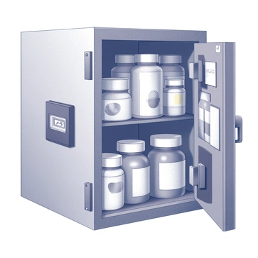 A locked cabinet securing various medicines with a digital code