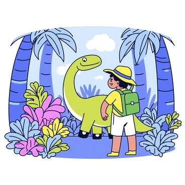 An explorer wearing a green backpack and a wide-brimmed hat stands in a lush prehistoric jungle filled with large ferns and tall, ancient trees. The explorer has a curious expression and is looking up at a friendly dinosaur, which is a gentle brontosaurus with a long neck and a calm demeanor. The dinosaur is surrounded by colorful flowers and vibrant plants, and it lowers its head to interact with the explorer. Sunlight filters through the dense canopy above, creating dappled shadows on the ground.