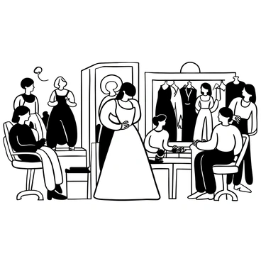 A girl with long hair is adjusting the straps of a beautiful dress while standing in a bustling backstage area. She is surrounded by several models wearing various stylish outfits. Some models are sitting on chairs having their makeup applied, while others are chatting and looking at their outfits in mirrors. There are racks filled with colorful garments in the background. Makeup and hair styling tools are scattered on a nearby table, and bright lights illuminate the space, creating a lively atmosphere.