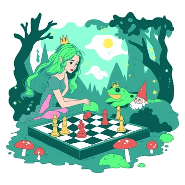 A teal fairy-tale princess with long flowing hair is sitting on a large moss-covered rock, intently watching a chess game. At the chessboard, a yellow talking frog wearing a small crown is making a move with a carved wooden knight. On the opposite side, a small red gnome with a pointy hat is pondering his next move. Surrounding them, the magical forest is filled with sparkling fireflies and towering trees with twisted trunks. Colorful mushrooms dot the ground, creating a vibrant setting for the enchanted game. The sun filters through the leaves, casting dappled light around the characters.