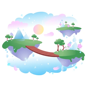 A series of floating islands, each adorned with lush greenery and colorful flowers, is interconnected by delicate wooden bridges. The islands vary in size and shape, some featuring small waterfalls cascading down their edges. A vibrant sunset casts a warm glow on the landscape, while a starry sky fills the background, with numerous twinkling stars visible against a deep blue canvas. The bridges appear to sway gently between the islands, inviting exploration of this enchanting scene.