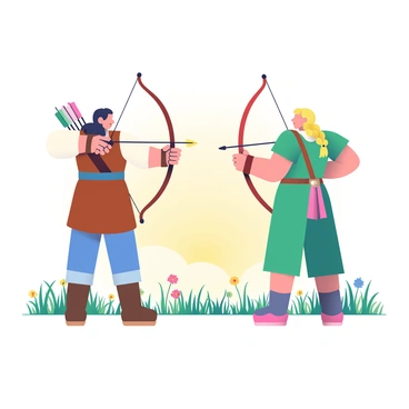 Two archers facing off in a tense duel in an open field