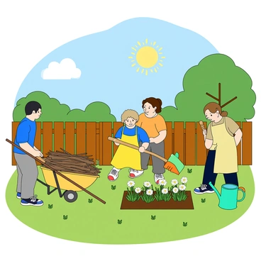 A group of four neighbors working together in a green yard on a sunny day. Two adults, one with dark hair and wearing a blue t-shirt, are raking leaves while the other, with light brown hair in a ponytail, is pushing a wheelbarrow full of branches. A young boy with curly hair is planting flowers in a small garden bed, using a colorful plastic trowel. A woman with short hair and a bright yellow apron is watering a patch of flowers with a turquoise watering can. The sun is shining brightly, illuminating the scene, and a blue sky with a few fluffy clouds is visible above. Lush grass fills the yard, and a wooden fence surrounds the area.