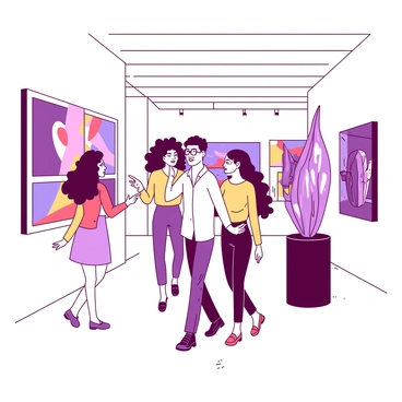A group of three friends is walking through an art gallery, engaged in conversation and laughter. One friend, a woman with curly hair, is pointing towards a large colorful painting hanging on the wall. Another friend, a man with glasses, is closely examining a shiny metallic sculpture displayed on a pedestal. The third friend, a woman with long straight hair, stands beside him, tilting her head with curiosity as she takes in the details of the sculpture. The gallery is filled with various artworks, with paintings in vibrant colors and sculptures made of different materials arranged throughout the spacious room.