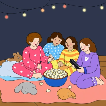A little girl with curly brown hair, wearing bright pink pajamas with stars on them, sits on a large, colorful blanket spread across the floor. She is surrounded by three friends, each wearing colorful pajamas, one with blue polka dots, another with yellow stripes, and the last in purple with cute animal prints. They are all laughing and enjoying a big bowl of buttery popcorn in the center. The room is dimly lit with string lights hanging above, casting a warm glow. One friend is reaching into the popcorn bowl while another is holding a movie remote, ready to choose a film to watch. All the girls have big smiles, and there are a few plush toys scattered around them.