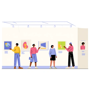 A virtual gallery with a sleek, modern design featuring several AI-generated art pieces hanging on white walls. The gallery has smooth wooden flooring and soft, ambient lighting illuminating each artwork. Various art pieces display vibrant colors and abstract shapes, each framed with minimalistic frames. Visitors, depicted as diverse cartoon characters, are viewing the art, some with expressions of curiosity and admiration. Interactive screens are placed near each piece, providing information about the AI technology used in their creation.