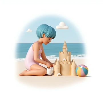 A young girl with short, vibrant blue hair is sitting on a sunny beach, wearing a light pink swimsuit with a flower pattern. She is focused on building an intricate sandcastle, using a small bucket and spade. The castle has tall towers and detailed walls, with a few seashells placed decoratively on the structure. The ocean is visible in the background, with gentle waves lapping at the shore. The sky is clear blue, and a few fluffy white clouds drift lazily above. A colorful beach ball rests nearby, adding a playful element to the scene.