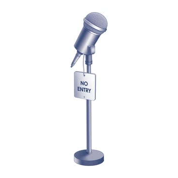 A microphone is placed on a stand at the center of the image. Hanging from the microphone's base is a "no entry" sign, clearly visible and suspended just below the microphone. The microphone is detailed, showcasing its mesh top and sturdy body. The background is simple, ensuring that the focus remains on the microphone and the sign.