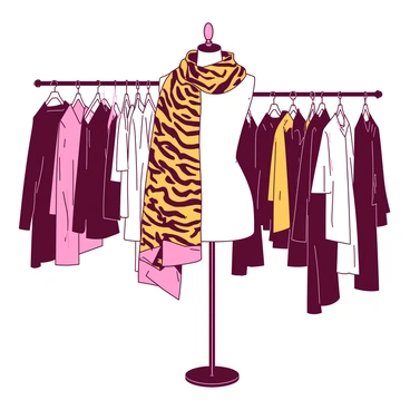 A chic scarf featuring a bold tiger print is gracefully draped over a sleek white mannequin in a boutique. The mannequin stands on a simple display pedestal, accentuating the flow and texture of the scarf. The fabric cascades elegantly to one side, showcasing the intricate patterns and colors of the tiger print. Surrounding the mannequin are stylish clothing racks filled with various garments, all displayed in an organized manner, adding to the boutique's sophisticated atmosphere. Soft light illuminates the scene, highlighting the luxurious feel of the scarf.