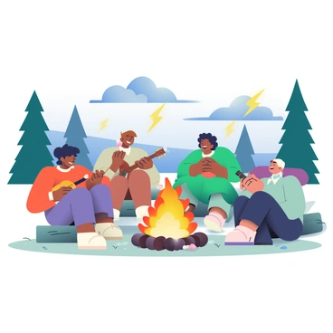 A group of five campers is sitting around a campfire, which is producing bright orange flames and glowing embers. The campers are of diverse backgrounds. One camper with dark hair is roasting a marshmallow on a long stick, while another camper with curly hair is strumming a guitar. A third camper is wrapped in a green blanket and laughing, while a fourth camper is leaning back on a log, looking up at the sky. In the background, dark clouds are rolling in, and there are flashes of lightning illuminating the distant horizon. The ground is covered with a mix of grass and scattered pine needles, and a few tall trees frame the scene.