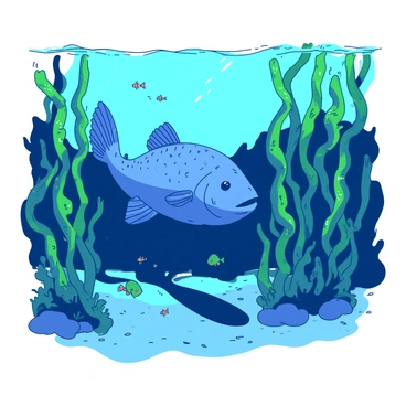 A blue grouper is swimming gracefully through a dense forest of green swaying seaweed in the ocean depths. The seaweed is varied in height, with some strands reaching towards the surface while others extend closer to the sandy ocean floor. Sunlight filters through the water, creating shimmering patterns on the grouper's scales. Small schools of colorful fish dart in and out of the seaweed, adding movement to the scene. The background consists of darker shades of water, enhancing the vibrant colors of the grouper and the surrounding seaweed.