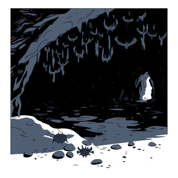 A dark cave chamber filled with various stalactites hanging from the ceiling. A colony of black bats is clinging tightly to the uneven surface above, their wings folded against their bodies. The cavern walls are rough and damp, with patches of white mineral deposits scattered throughout. Shadows dance as the bats occasionally flutter, revealing their small, pointed ears and sharp claws. The ground is covered in a layer of loose stones and dirt, with faint light filtering in from an opening in the distance, casting an eerie glow over the scene.
