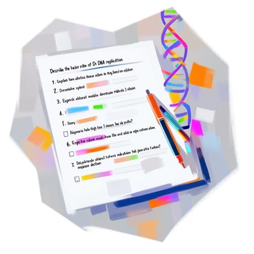 A section of an educational worksheet featuring DNA replication questions is displayed prominently. The questions are numbered clearly and include prompts such as "Describe the role of helicase in DNA replication" and "Explain the significance of DNA polymerase." Accompanying this section is a detailed answer key that provides comprehensive explanations for each question. The answer key is organized in a numbered format, corresponding to the questions, with key terms bolded for emphasis. The layout is clear and professional, with ample space between each question and answer for readability.