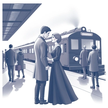 Anna and Vronsky stand close together at a bustling train station. The platform is filled with people moving hurriedly, carrying luggage and conversing with one another. Anna's expression is a mix of sadness and longing as she gazes into Vronsky's eyes. Vronsky, with a somber demeanor, holds Anna’s hands in his, emphasizing the emotional weight of their parting. The train, with its steam billowing, looms in the background, ready to depart. Shadows cast by the overhead structures create a dramatic atmosphere, encapsulating the intensity of the moment. The surrounding crowd seems oblivious to their farewell, lost in their own journeys, adding to the sense of isolation around the couple in this poignant scene.