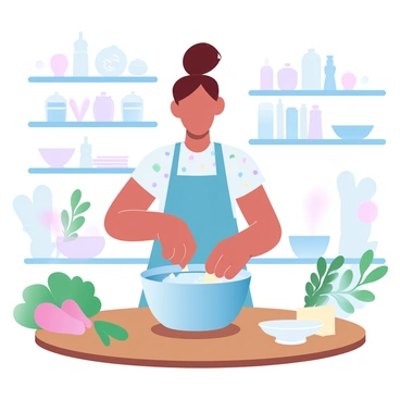 A young girl with brown hair tied in a bun is standing at a kitchen counter in a cooking class. She is wearing an apron with colorful patterns, and her hands are mixing ingredients in a large bowl. Surrounding her are various ingredients typical of traditional French cuisine, like fresh herbs, vegetables, and a block of cheese. In the background, there are shelves lined with cooking utensils and cookbooks, enhancing the culinary atmosphere. A large wooden table is filled with more cooking tools and dishes, creating a lively cooking environment.
