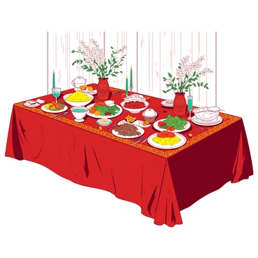 A red banquet table is elegantly set for a lavish wedding feast. The table is adorned with intricate gold lace table runners, and the surface is filled with an array of traditional dishes including vibrant yellow rice, succulent roasted meats, and colorful salads. Ornate glassware with intricate designs and shiny silverware are placed meticulously around each setting. Centerpieces made of fresh white flowers and glowing teal candles add a touch of romance to the atmosphere. Each dish is beautifully presented, showcasing the rich colors and textures of the cuisine. The backdrop features soft white draping, enhancing the elegant ambiance of the scene.