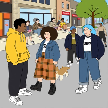 A busy street scene filled with a variety of people wearing diverse urban fashion styles from 2019. On the left, a young man with dark skin is wearing a vibrant yellow oversized hoodie paired with black joggers and white sneakers. Next to him, a woman with curly hair and light skin is dressed in a denim jacket over a graphic t-shirt and a plaid skirt, accessorized with chunky boots. In the background, a group of friends are sitting on a low wall; one is sporting a patterned bomber jacket and wide-leg jeans, while another is wearing a cropped sweater and high-waisted shorts. Nearby, a person with bright blue hair is walking a small dog, wearing an all-black outfit with stylish sneakers. The street is lined with colorful shopfronts and a few trees, adding character to the urban environment.