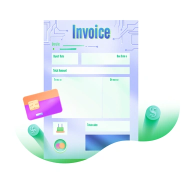 A modern pastel illustration of an invoice layout featuring "Invoice" at the top in a bold tech-inspired font. The background is adorned with intricate digital circuit patterns in light blue and soft green hues. Each section of the invoice is clearly defined, with spaces for "Date," "Due Date," and "Total Amount," all presented in sleek, modern typography. Small icons representing payment methods, such as a credit card and bank symbol, are placed alongside the relevant sections. The overall design maintains a clean, organized look, emphasizing a high-tech aesthetic.