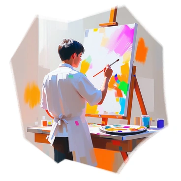 A painter with medium skin and short black hair is standing in front of a large canvas, concentrating intently as they add layers of vibrant color with a brush. The canvas is filled with abstract shapes and colors that blend and evolve with each brushstroke. The painter's palette, filled with various shades of paint, rests beside them on a table. The studio is cluttered with paint tubes, brushes, and other art supplies, capturing the energy of the creative process. The painter wears a paint-splattered apron, showcasing their dedication to the art. Each stroke brings a sense of transformation to the canvas, reflecting their artistic vision.