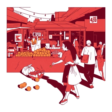 A red city market is filled with colorful stalls offering various goods. Each stall is adorned with vibrant items such as fruits, vegetables, and handmade crafts. People of diverse backgrounds are interacting, some browsing the stalls while others are chatting, creating a lively atmosphere. In the foreground, a woman is examining fresh oranges at a stall, while a man nearby is carrying a large bag filled with purchases. The scene is bustling with energy, showcasing the vibrant life of the market.