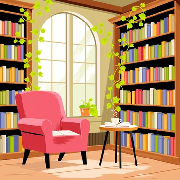 An old library with tall, wooden shelves filled with numerous books. The walls of the library are covered in vibrant green climbing ivy plants, which intertwine with the wooden beams and add a natural touch to the setting. Sunlight streams through large, arched windows, casting soft shadows across the wooden floor. A comfortable, worn leather armchair sits in one corner, inviting readers to sit and explore the literature. A small wooden table is placed next to the armchair, topped with an open book and a steaming cup of tea.
