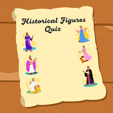 An aged parchment with a slightly tattered edge, featuring detailed, hand-drawn illustrations of historical figures such as a wise king with a crown, a regal queen in a flowing gown, and a philosopher with a scroll. Each figure is surrounded by ornate swirls and decorative borders, enhancing the parchment's vintage appearance. The parchment is laid flat on a wooden surface, with shadows cast across it, adding depth to the scene. "Historical Figures Quiz" is prominently written at the top in elegant, calligraphic font.