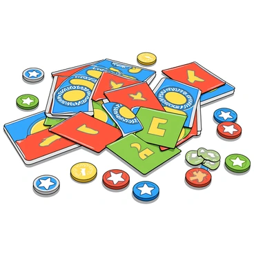 A collection of colorful loto cards scattered across a light surface. Each card features intricate designs and vibrant patterns, with bold colors like red, blue, yellow, and green. There are various tokens in different shapes and sizes, some circular and others star-shaped, made of glossy material reflecting light. The arrangement of the cards and tokens creates a playful scene, inviting engagement and interaction. The background is simple to highlight the vivid details of the cards and tokens.