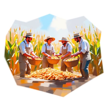 A group of farmers is actively harvesting corn in a bustling field. They are using traditional, rustic tools such as hand sickles and woven baskets. The farmers are dressed in simple, work-appropriate clothing, with straw hats to shield them from the sun. The corn stalks are tall and golden, with some ears of corn already gathered in the baskets. There is a sense of movement as the farmers communicate with each other, sharing smiles and laughter amidst their hard work. The sun casts warm light over the scene, highlighting the vibrant green leaves and the rich, earthy soil of the field.