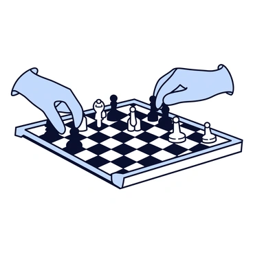 A chessboard with alternating black and white squares. The board features black and white chess pieces, with the black pieces positioned on one side and the white pieces on the opposite side. Shadowy hands are reaching out from outside the frame, skillfully moving the black pieces across the board. The hands are partially transparent, allowing the chess pieces to be clearly visible as they are manipulated. The scene captures a moment of strategic gameplay in progress.