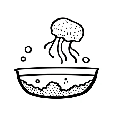 A close-up view of a tiny, microscopic jellyfish species floating in a petri dish. The jellyfish has delicate, translucent bell-shaped body with intricate patterns visible on its surface. Tentacles extend gracefully from the edges of the bell, swaying gently in the surrounding liquid. The petri dish has a glossy appearance and is positioned on a textured laboratory table. Bubbles are present in the liquid, adding to the microscopic underwater scene.