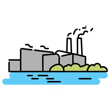 A factory with a gray exterior, featuring tall smokestacks releasing white smoke into the air. The factory is positioned beside a river, which has visible runoff flowing from the factory into the water. The river exhibits murky colors due to the pollution, with a few ripples indicating movement in the water. There are patches of green grass along the riverbank, contrasting with the industrial setting.