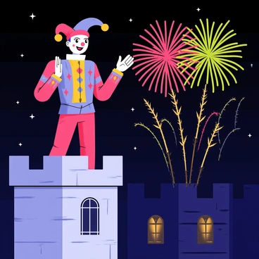 A jester watching a dazzling fireworks display light up the night sky from the castle tower.