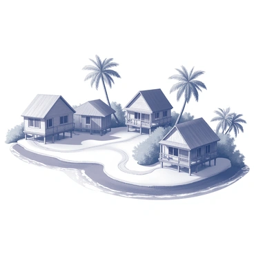 A small village situated on a tropical island. The village features several wooden houses, each with thatched roofs and open balconies. The houses are spaced apart, connected by winding sandy paths that weave through lush tropical vegetation. Palm trees and vibrant foliage frame the scene, creating an inviting atmosphere. In the background, gentle waves can be seen lapping against the shore, completing the idyllic island setting.