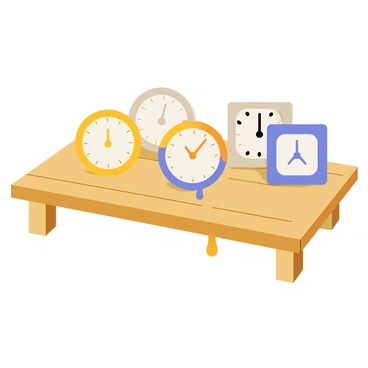 A wooden table with a smooth surface is showcased in the image. On top of the table, several clock faces are positioned, appearing to melt over the edges. The clocks have different styles, including a round clock with Roman numerals and a square clock with Arabic numerals. The melting parts of the clocks create a drip-like effect, with the clock hands drooping downwards. The colors of the clocks vary, featuring bright shades of gold, silver, and a deep blue. The background is minimal, ensuring the focus remains on the melting clocks on the table.
