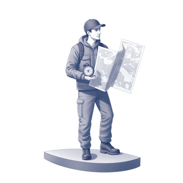 An explorer stands at the edge of a flat Earth, holding a compass in one hand and a map in the other. The explorer is dressed in rugged outdoor attire, featuring a sturdy jacket and cargo pants. The compass is prominently displayed, with delicate details on its face, while the map is partially unfolded, showing intricate lines and markings. The landscape around the explorer is flat and expansive, with a horizon that stretches indefinitely. The explorer's facial expression reflects curiosity and determination, as they gaze into the distance, contemplating the unknown.