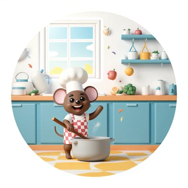 A small cartoon chef mouse, wearing a white chef's hat and a red and white checkered apron, is standing on a wooden kitchen counter. The mouse is stirring a large pot with a wooden spoon, smiling widely. Ingredients such as colorful vegetables, spices, and a sprinkle of flour are flying around in the air. The kitchen is vibrant, featuring bright blue cabinets, a yellow checkered floor, and multiple pots and pans hanging from the ceiling. Sunlight streams through a window, illuminating the joyful scene.