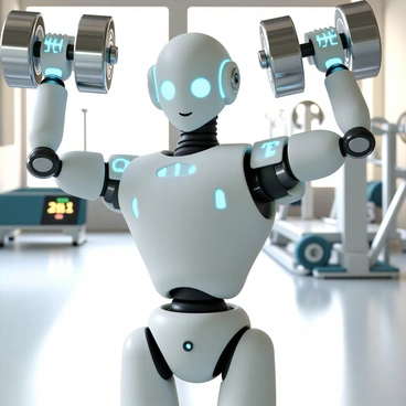 A futuristic robot, with sleek metallic limbs and glowing blue accents, is performing a dumbbell shoulder press with mechanical precision. The robot's arms are fully extended above its head, holding two shiny silver dumbbells. Its eyes are focused and its posture is upright, showcasing its advanced engineering. The environment consists of a gym setting with high-tech equipment in the background, and a digital display showing workout statistics. The floor is made of polished metal, reflecting the robot's form as it executes the movement flawlessly.