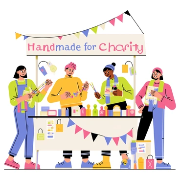 A group of four friends is gathered at a bright outdoor market, working together to craft handmade items. One friend is weaving colorful bracelets with various beads, while another is painting small wooden figurines with vibrant colors. The third friend is knitting a soft scarf in shades of blue and green, and the fourth is arranging handmade greeting cards in an eye-catching display. The market booth is adorned with colorful banners that read "Handmade for Charity" in bold letters. Nearby, there are smiling customers browsing the crafts, creating a lively atmosphere filled with creativity and camaraderie.