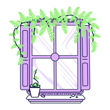 A vintage window is framed with intricate woodwork, slightly ajar to allow a gentle breeze to flow through. Fern leaves hang gracefully over the top of the window, their delicate fronds cascading down. The sunlight filters through the leaves, creating intricate shadows that dance across the window sill. The sill is adorned with small, rustic details, such as a weathered flower pot and a few scattered pebbles. The overall composition gives a sense of tranquility and natural beauty.