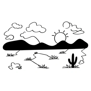 A barren land stretches across the foreground, featuring cracked earth and sparse vegetation. In the background, two suns are setting on the horizon, casting elongated shadows. The sky is filled with swirling clouds, creating a dramatic atmosphere. The silhouette of distant mountains adds depth to the scene.