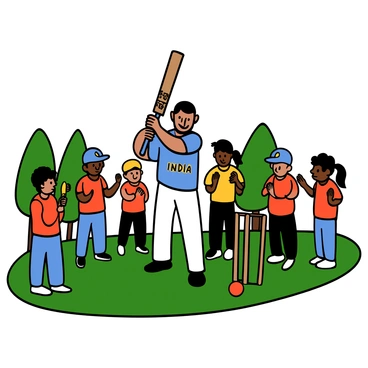 A scene of MS Dhoni, a light-skinned man with short dark hair, standing on a cricket field. He is wearing a blue cricket jersey with "India" printed on it, along with white cricket pants and black shoes. Surrounding him are young aspiring cricketers of various skin tones, all wearing matching academy jerseys. MS Dhoni is demonstrating how to hold a cricket bat, with a focused expression. The young cricketers are attentively watching him, some with their hands on their bats, eager to learn. The background features a grassy cricket pitch and a few trees lining the edges of the field. A cricket ball and wickets are placed nearby, indicating an active coaching session.