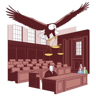 A white bald eagle is soaring high above a courtroom scene, gripping a pair of brass scales in its sharp talons. The eagle's wings are fully extended, showcasing its impressive wingspan. Below, the courtroom is filled with wooden benches, and a judge sits at the front, wearing a black robe. The walls are richly adorned with dark wood paneling, and there are intricate details on the judge's bench. Several people, including a lawyer and witnesses, are present, looking up at the eagle in awe. Light filters through the tall windows, casting shadows around the room.